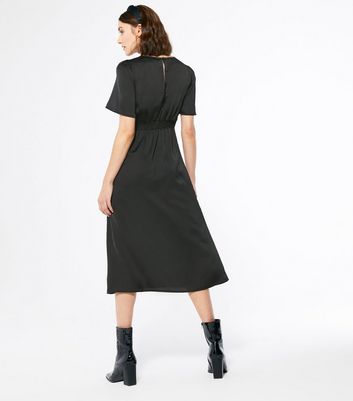 Black Satin Short Sleeve Midi Dress ...